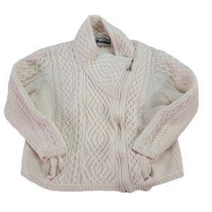 Aran Crafts Sweater Cream Merino Wool Asymmetrical Cable Knit Fisherman XL Women